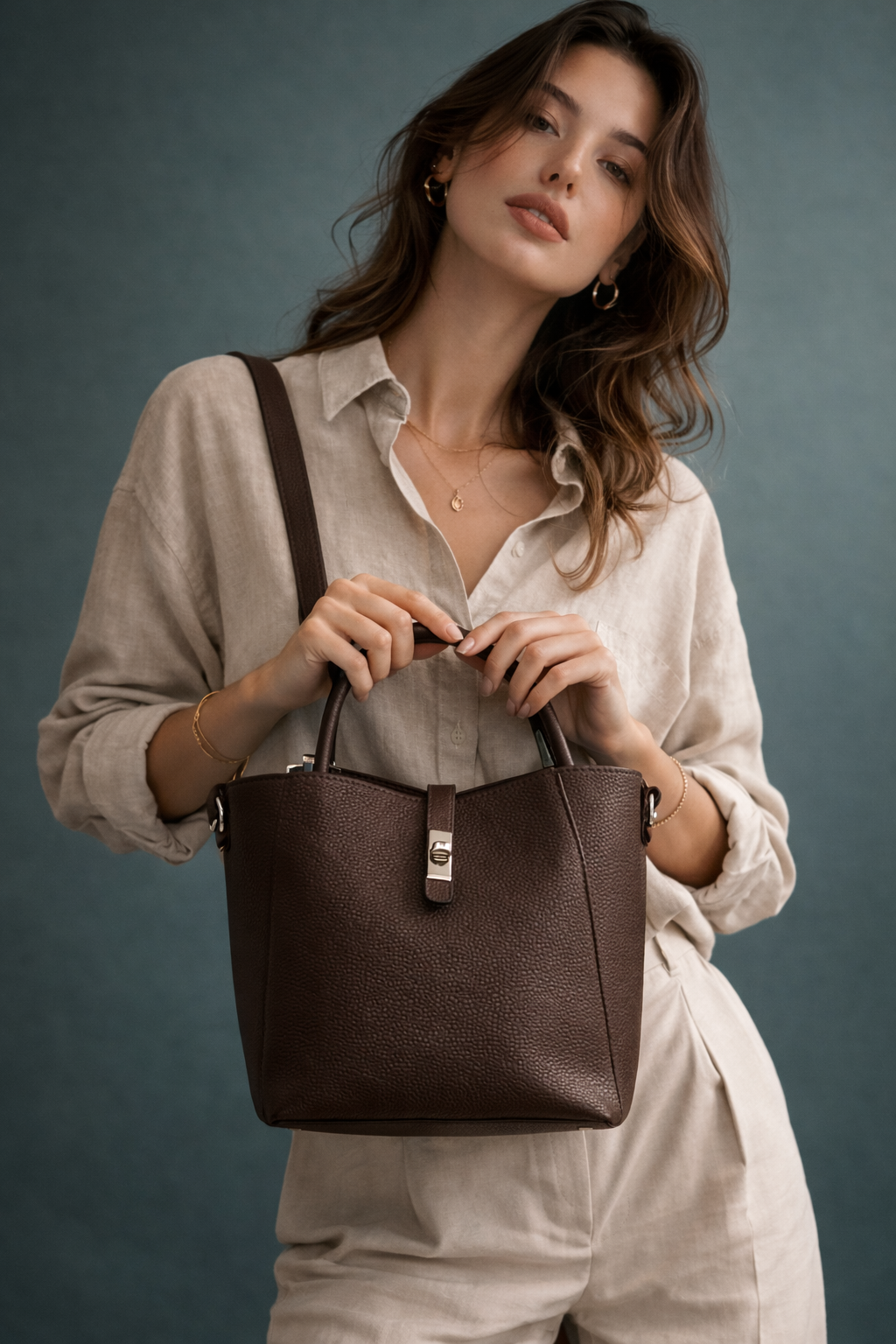Brown Structured Bucket Bag with Detachable Pouch - Hustle N Holla
