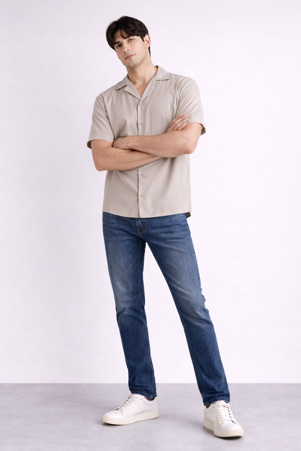 Sand Cuban Collar Relaxed Fit Cotton Shirt