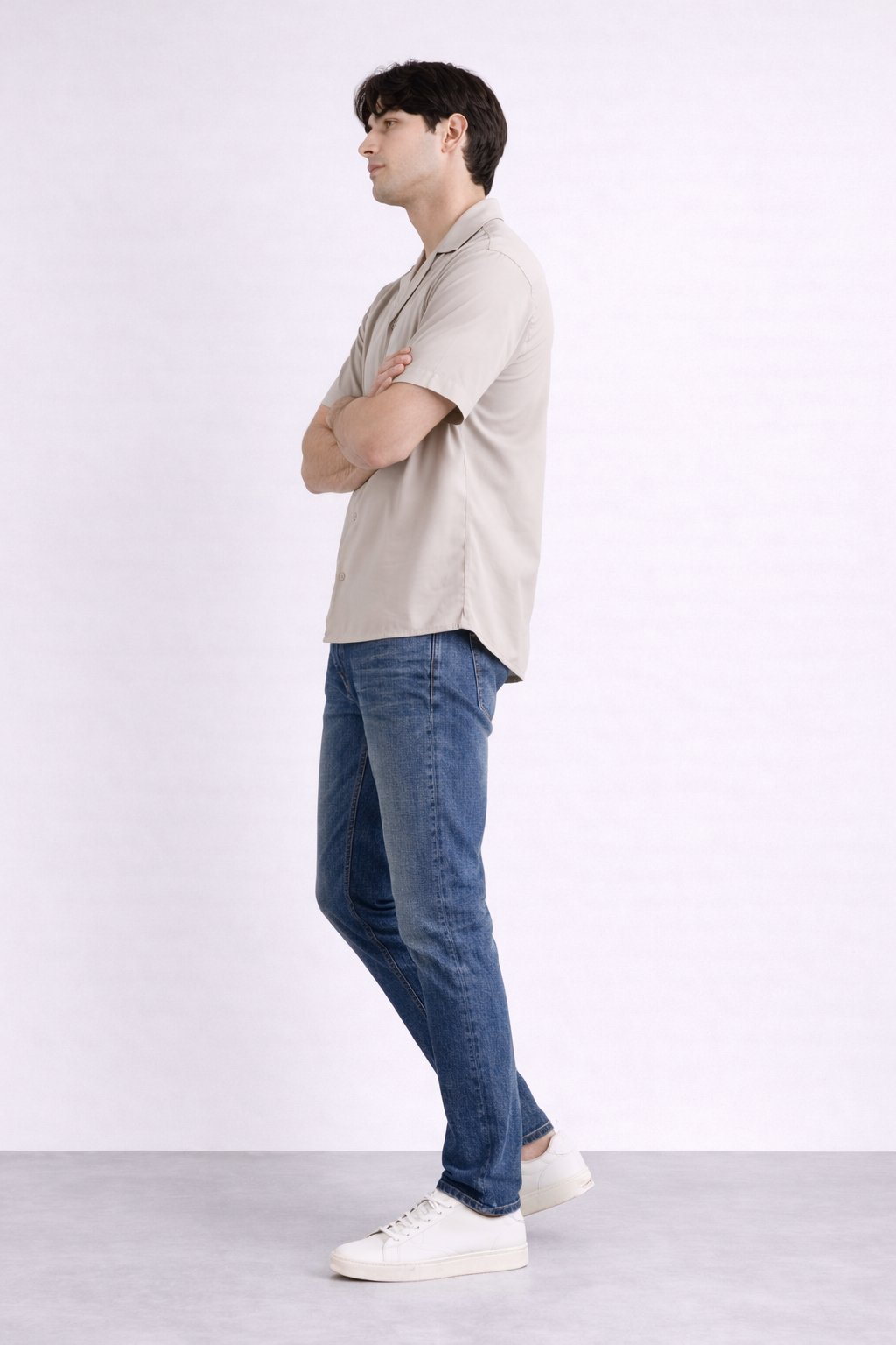 Sand Cuban Collar Relaxed Fit Cotton Shirt