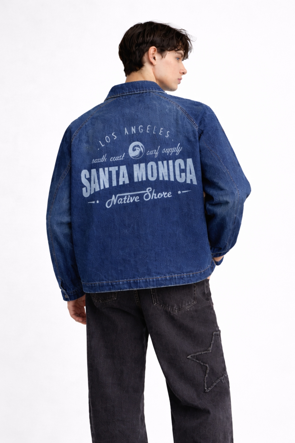 Blue Mid Washed Relaxed Fit Printed Jacket