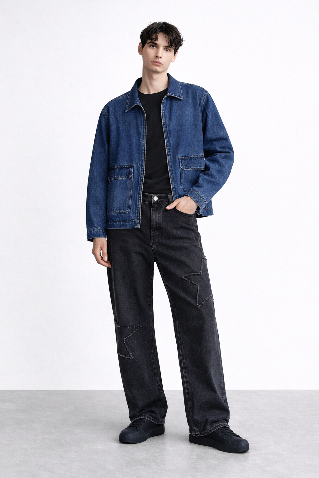 Blue Mid Washed Relaxed Fit Printed Jacket