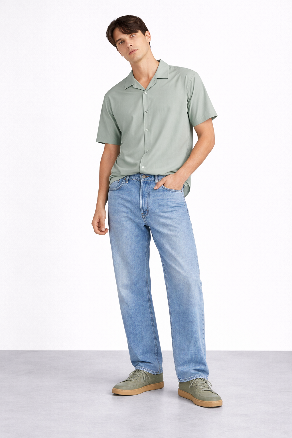 Mint Green Cuban Collar Relaxed Fit Cotton Shirt