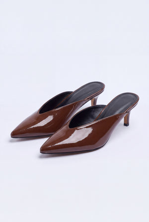 Chocolate Brown Patent Leather Mule Heels - Hustle N Holla