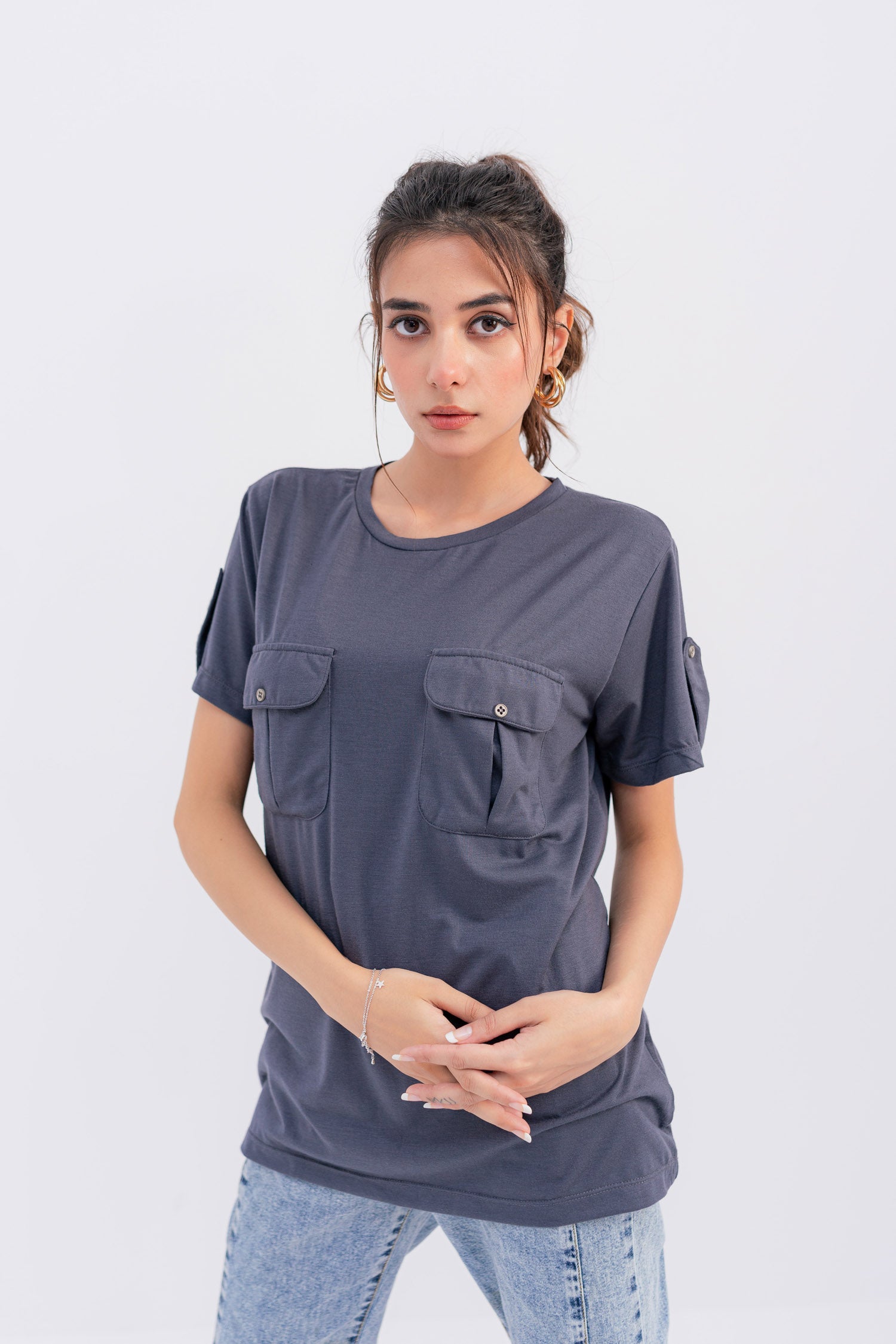 Dark Grey Pleat Pocket T-shirt