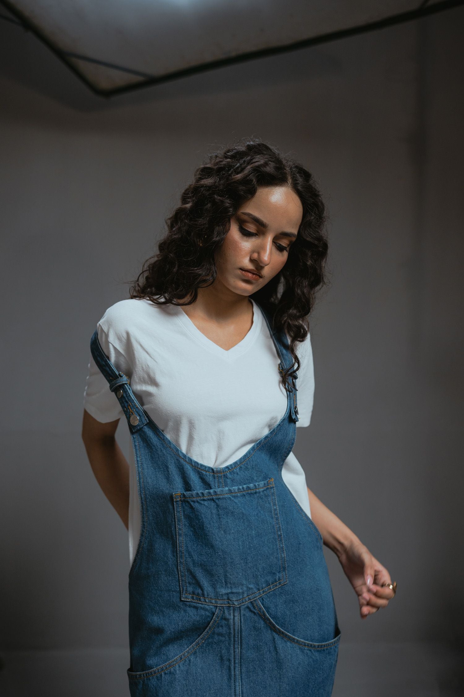 Long denim dungaree dress hotsell