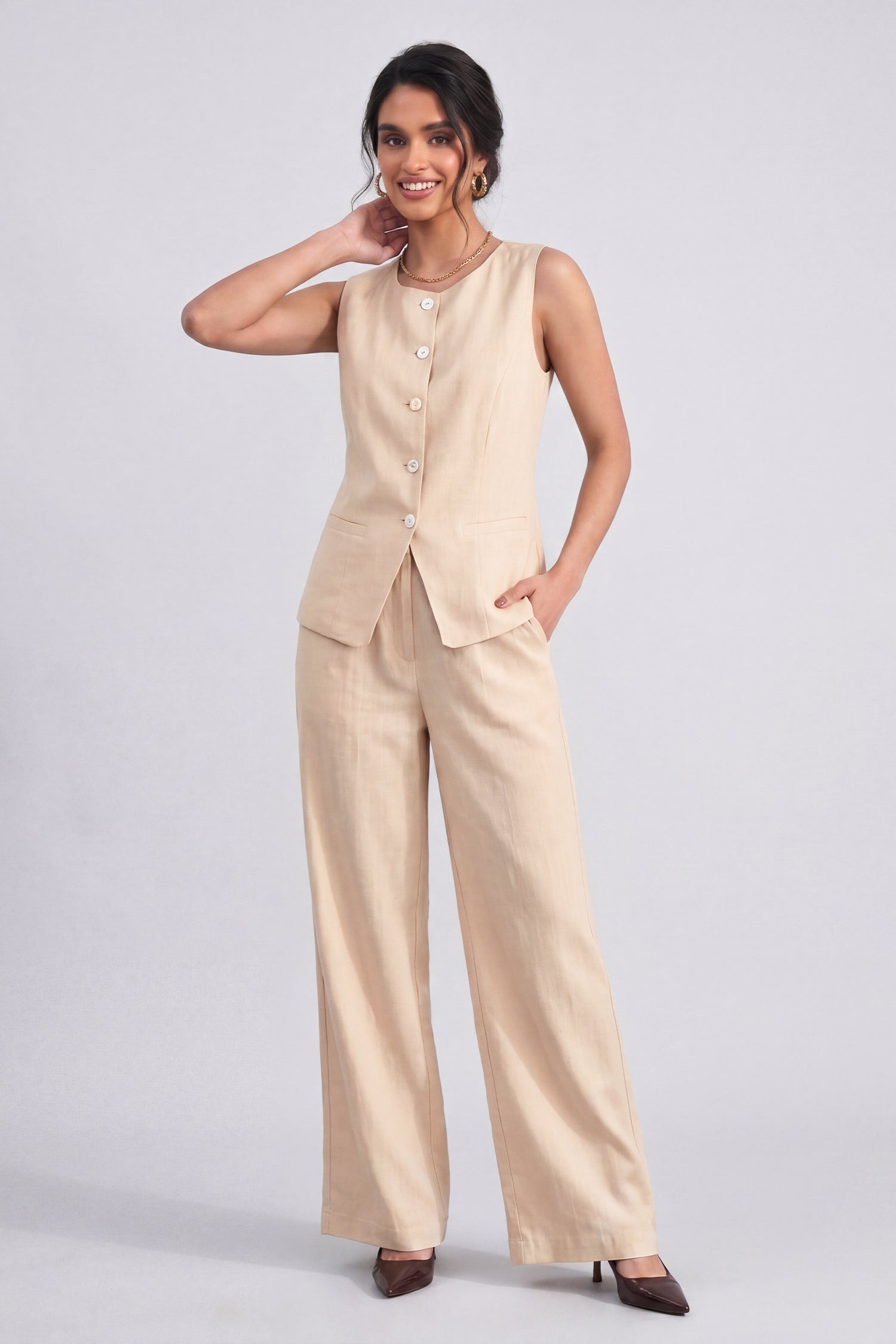 Muted Peach Sleeveless Boat Neck Linen Vest - Hustle N Holla