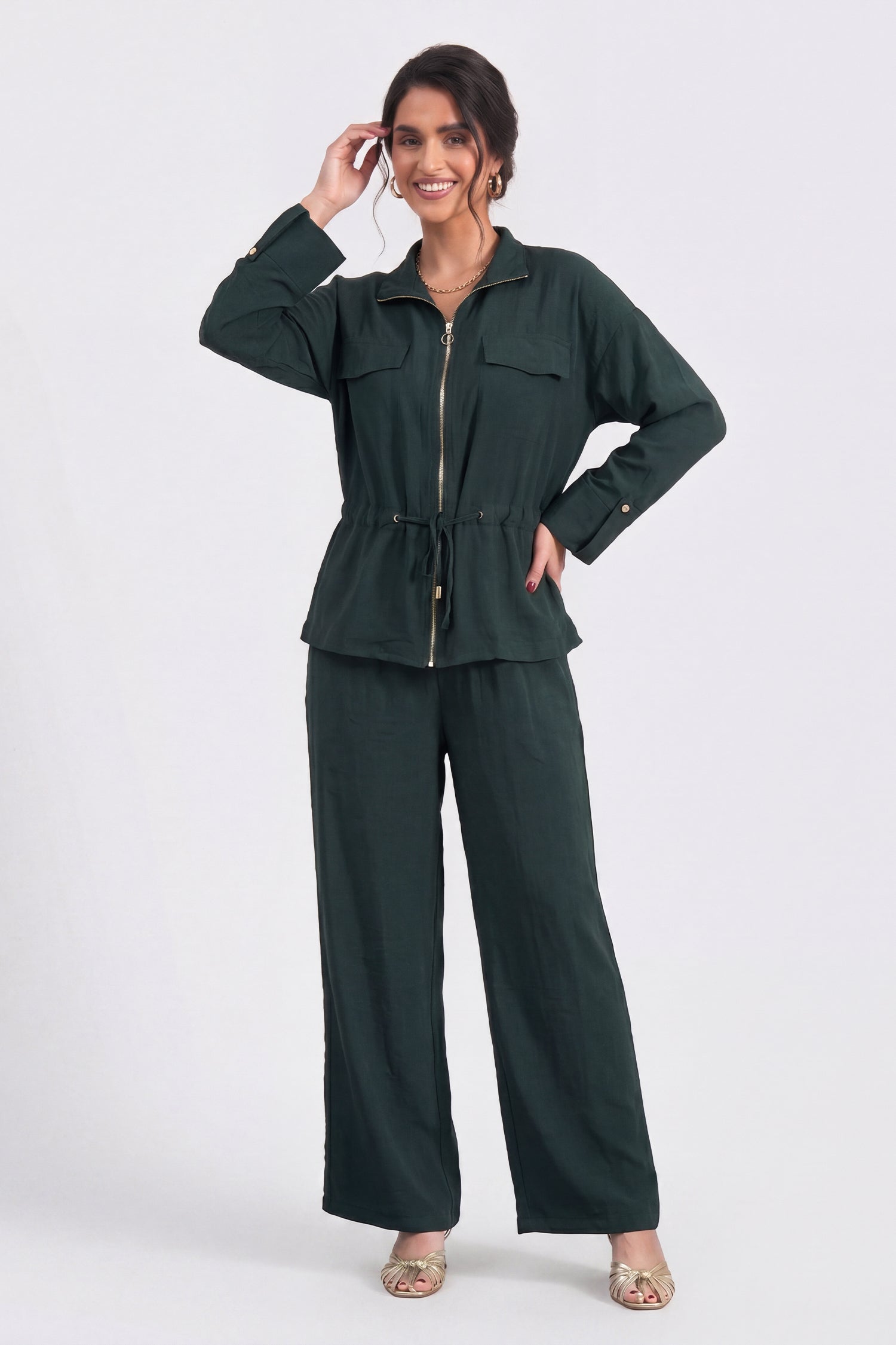 Teal Front Zipper Relaxed Fit Collared Top - Hustle N Holla