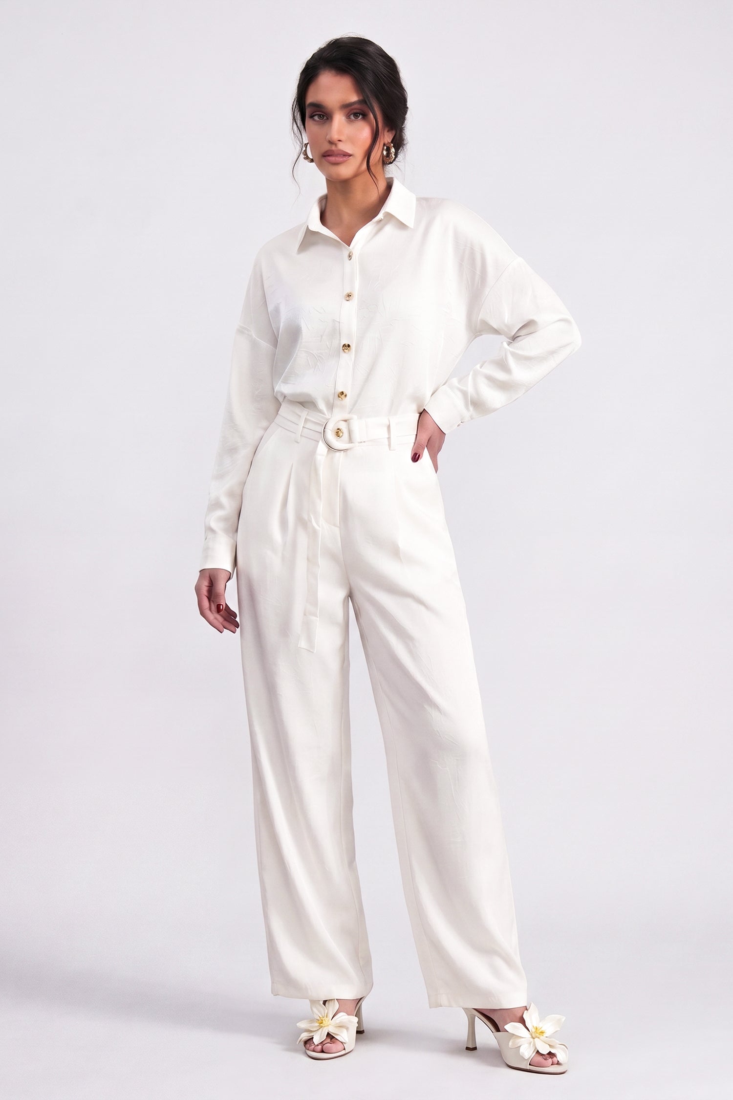 Pearl White Textured Oversized Button Down Top - Hustle N Holla