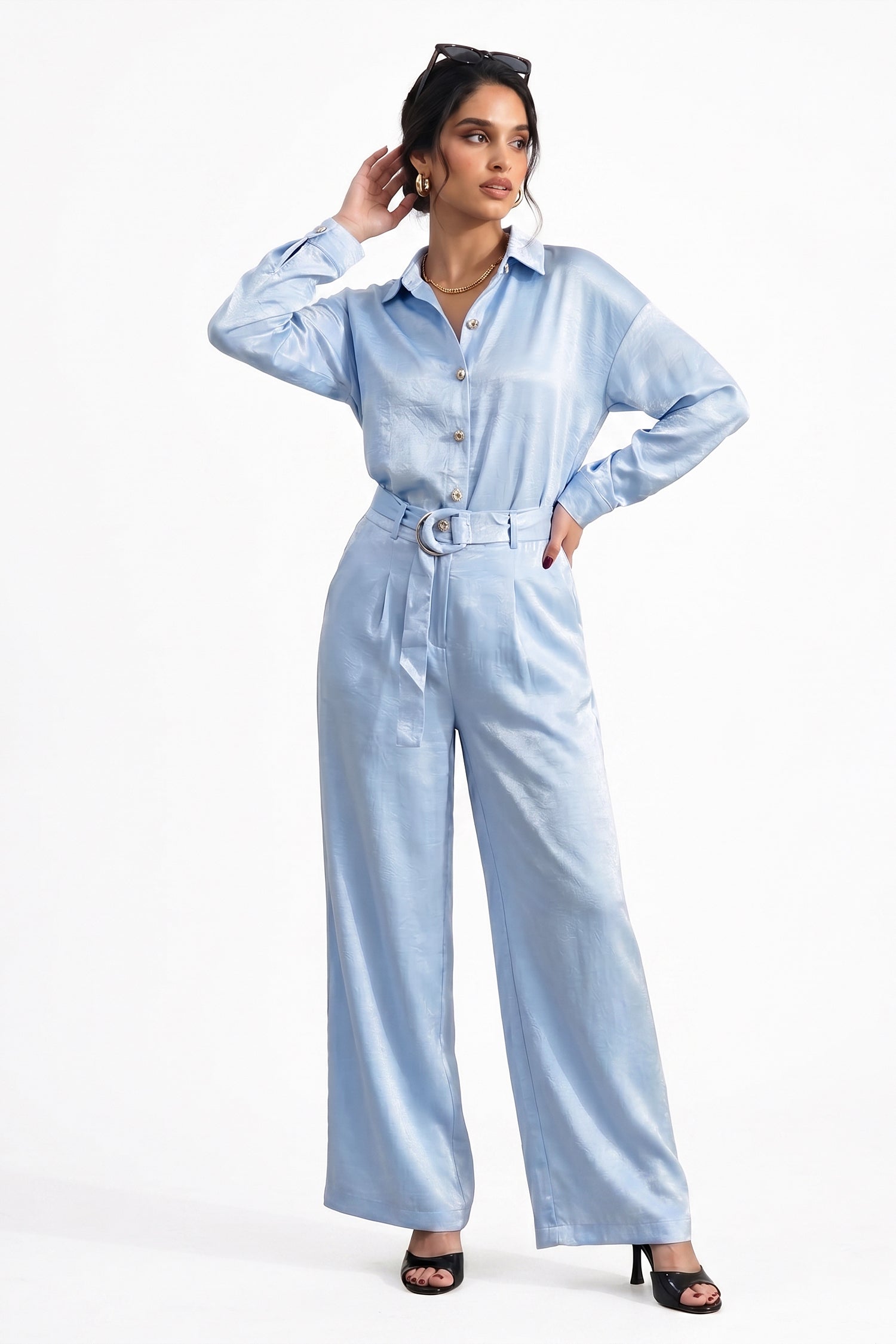 Ice Blue Textured Oversized Button Down Top - Hustle N Holla