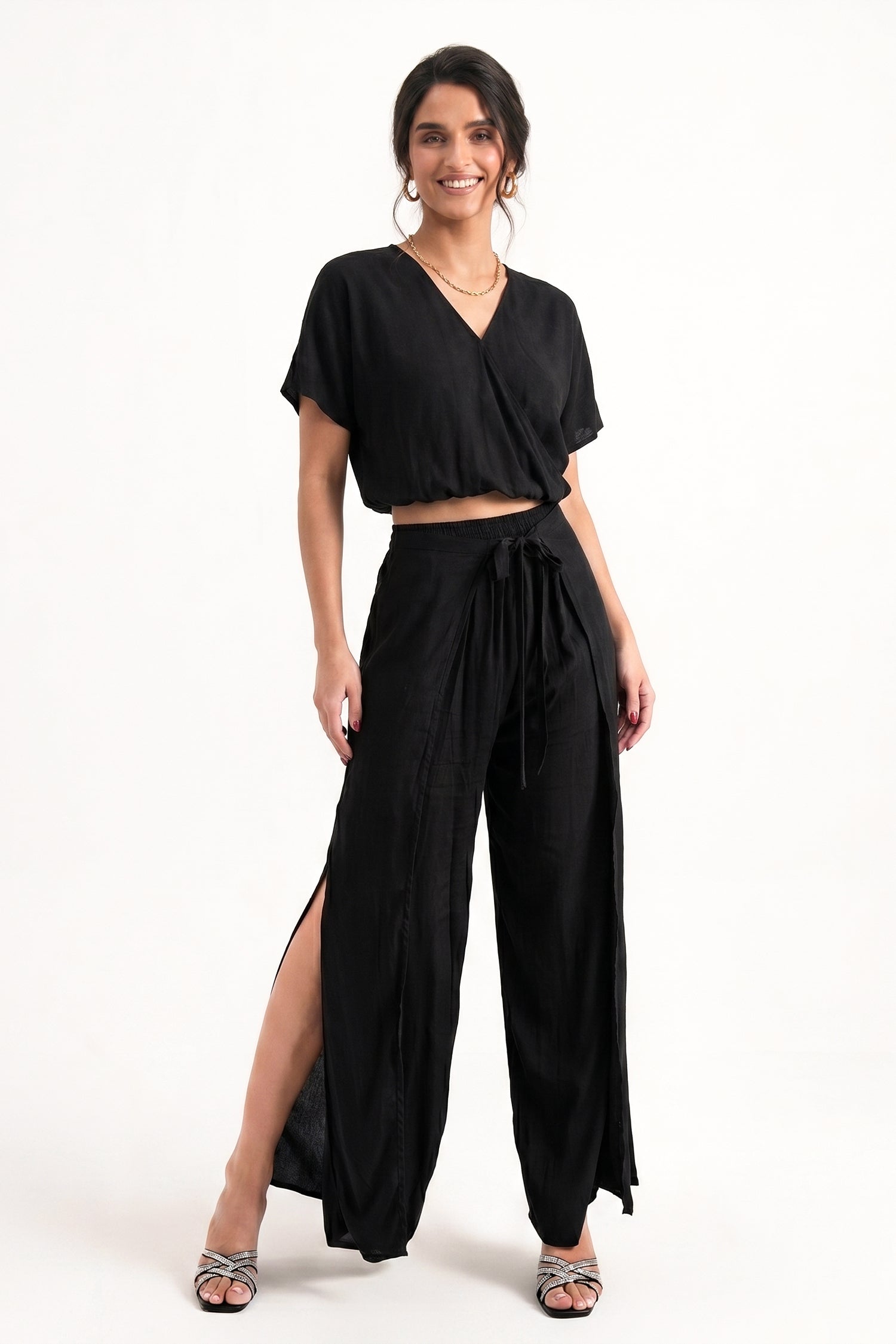 Black Batwing Crossover Silk Blouse - Hustle N Holla