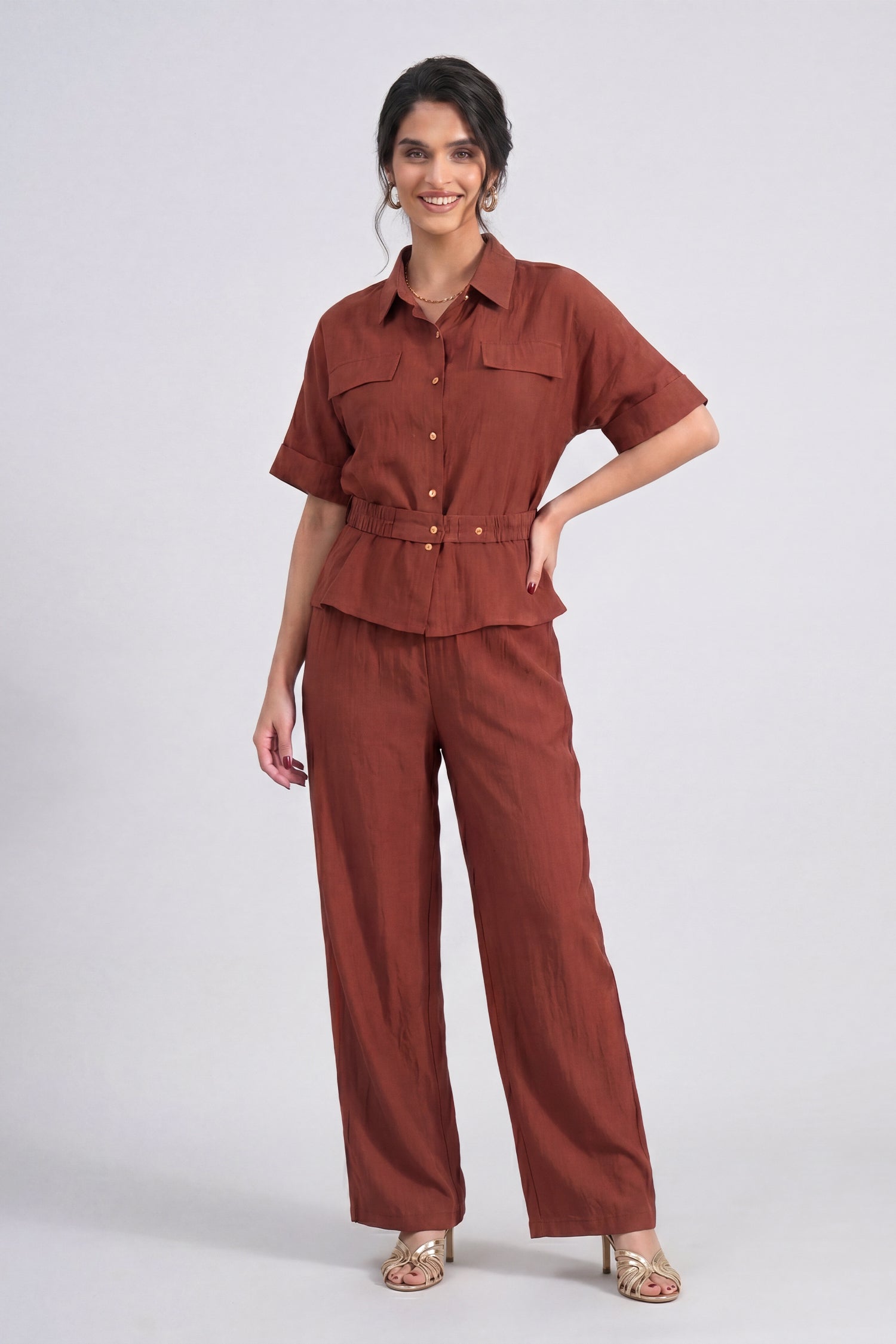 Rust Belted Button Down Regular Fit Shirt - Hustle N Holla