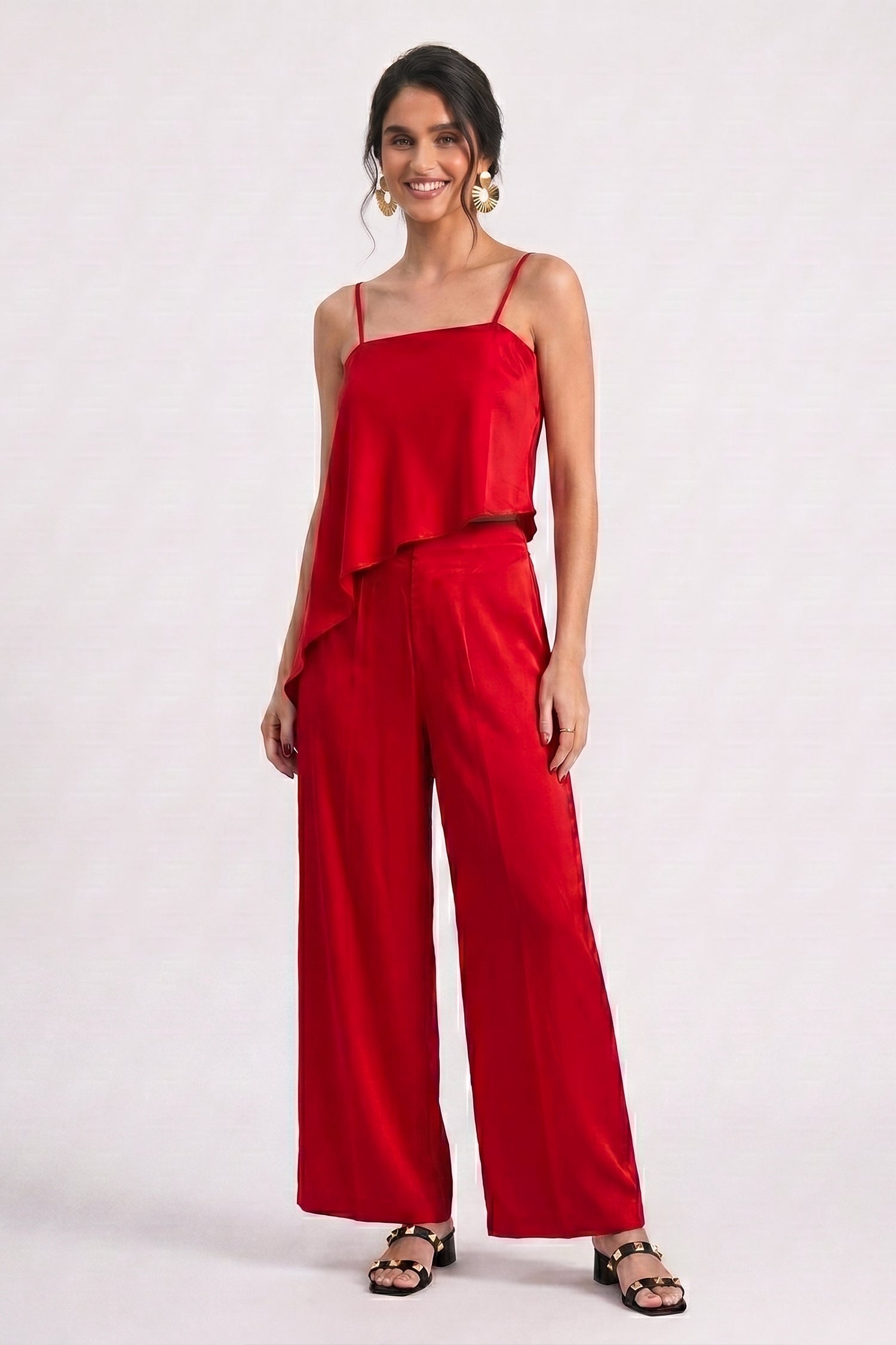 Scarlet Red Wide Leg Silk Trousers - Hustle N Holla
