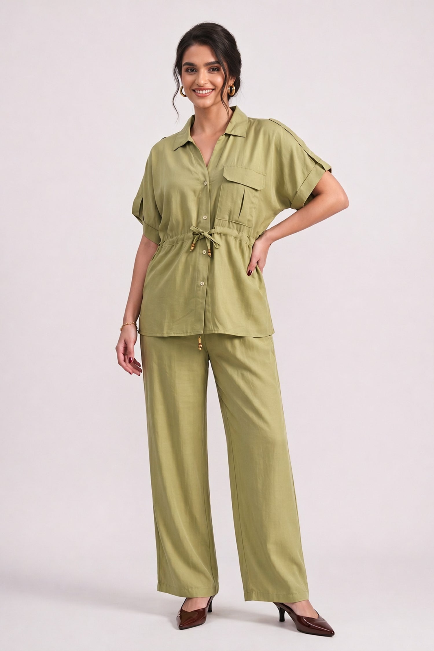 Sage Green Silk Wide leg Trousers - Hustle N Holla