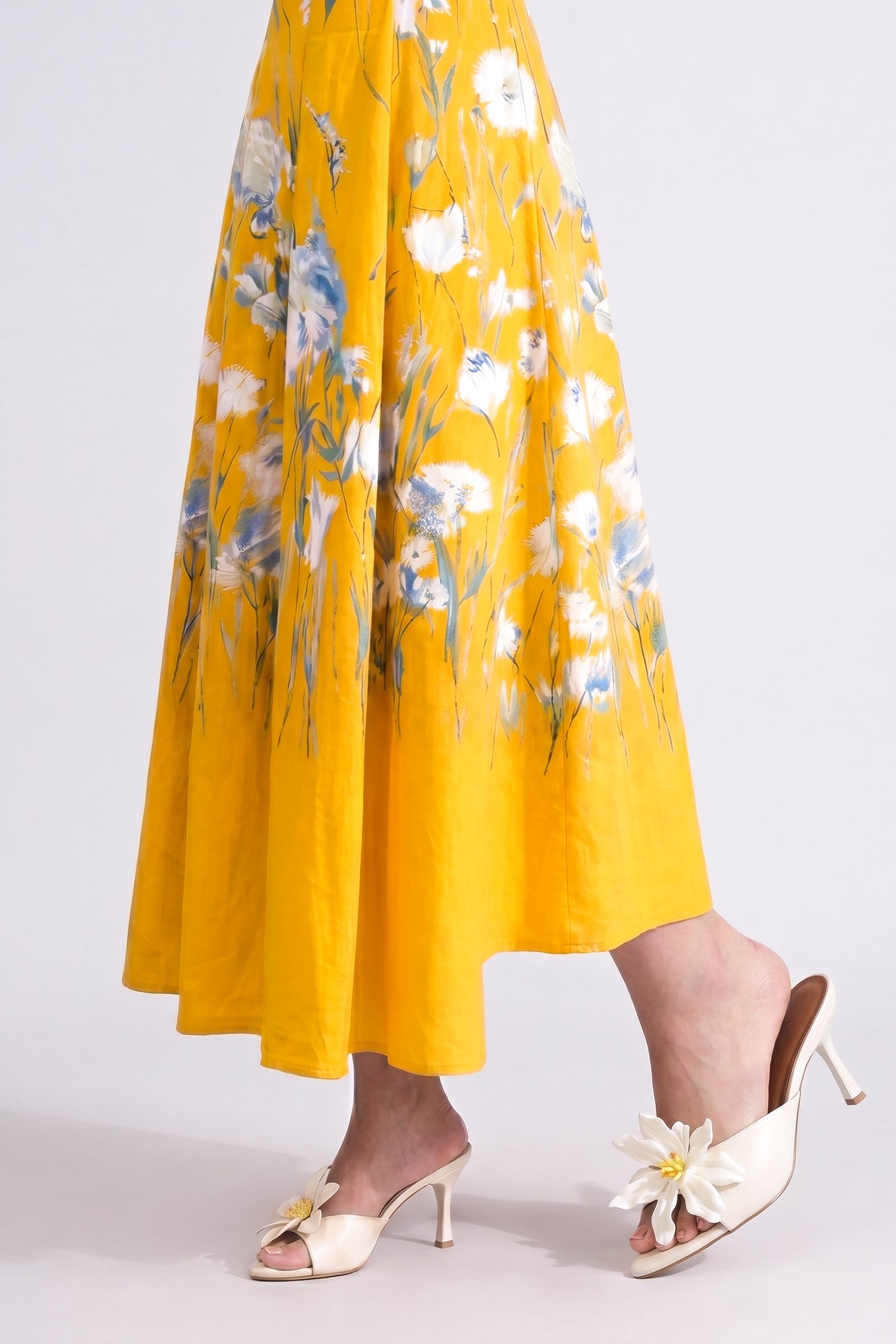 Yellow Floral Printed Square Neck Wide Strap Evening Dress - Hustle N Holla