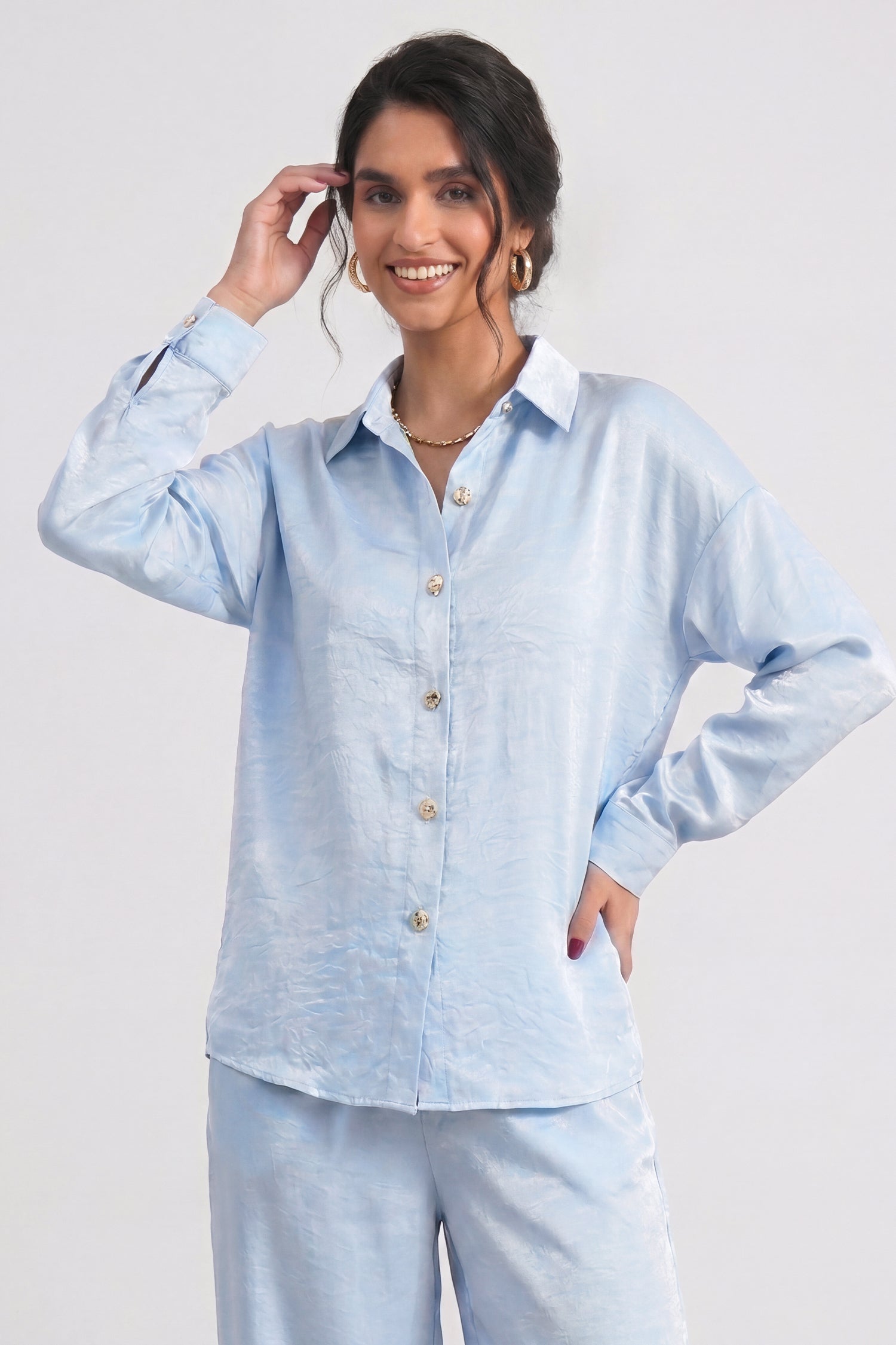 Ice Blue Textured Oversized Button Down Top - Hustle N Holla