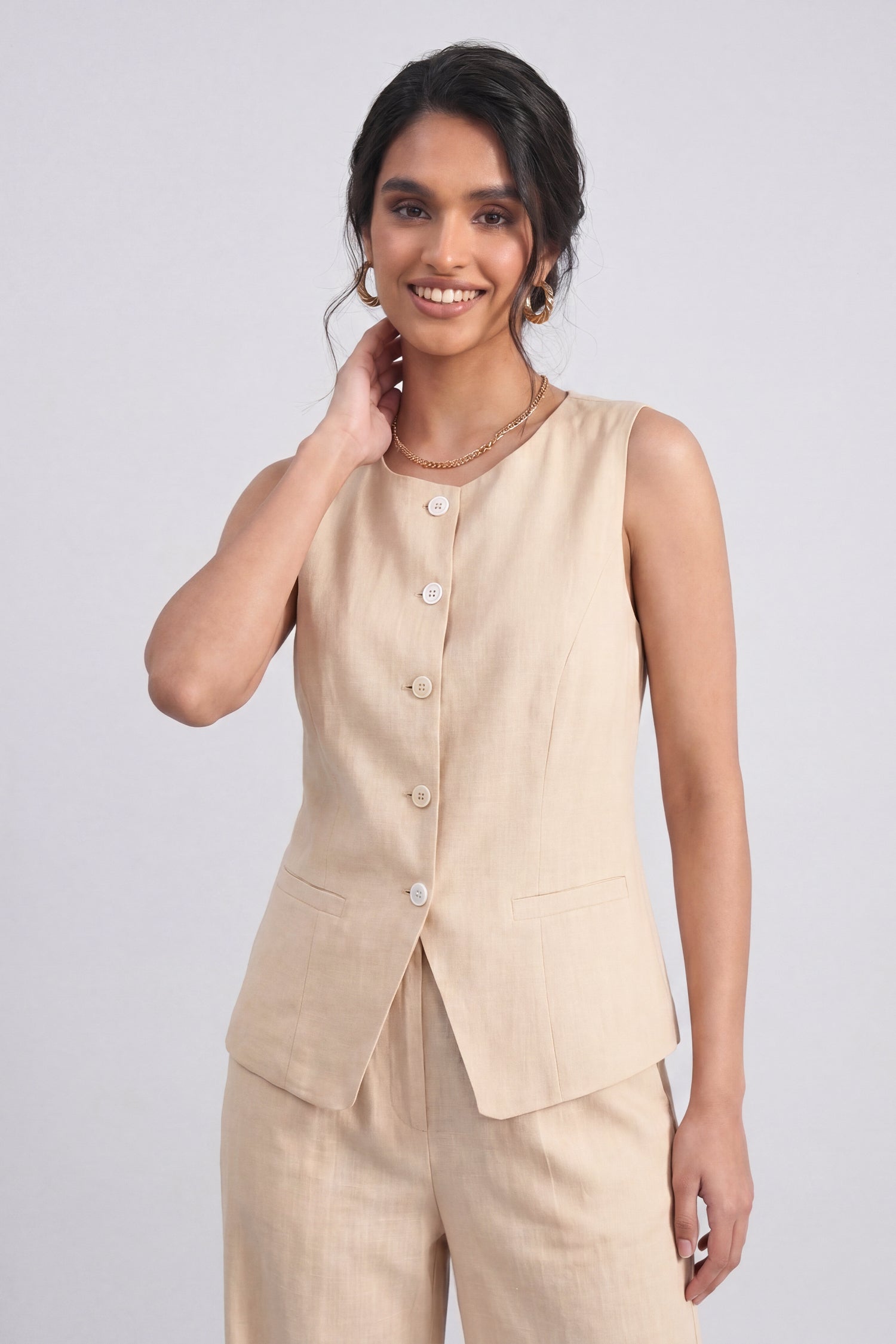 Muted Peach Sleeveless Boat Neck Linen Vest - Hustle N Holla