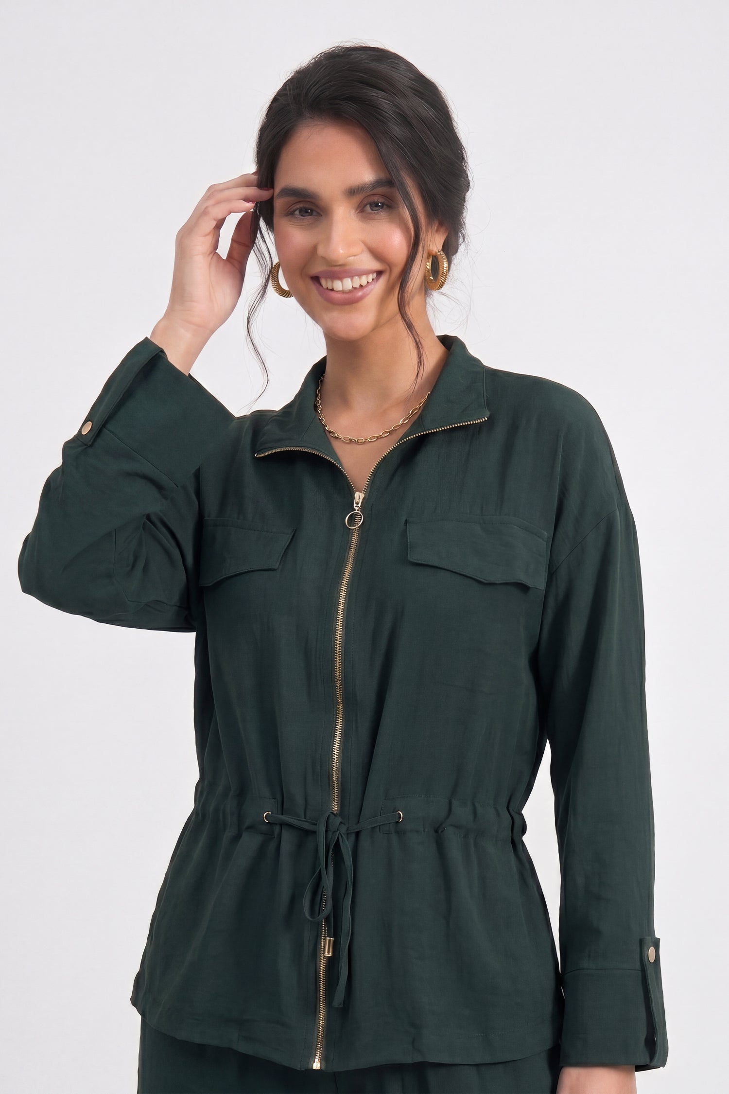 Teal Front Zipper Relaxed Fit Collared Top - Hustle N Holla