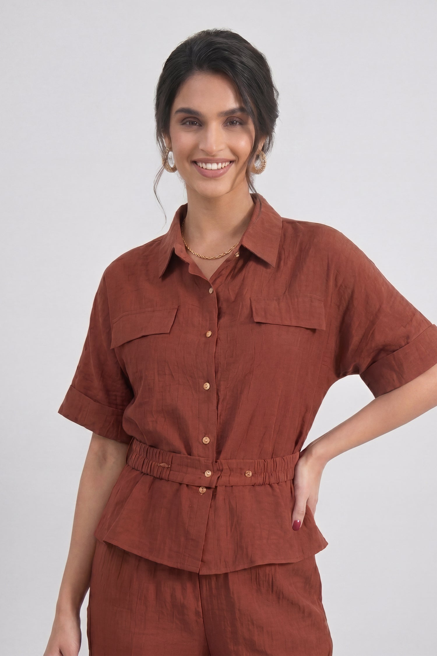 Rust Belted Button Down Regular Fit Shirt - Hustle N Holla