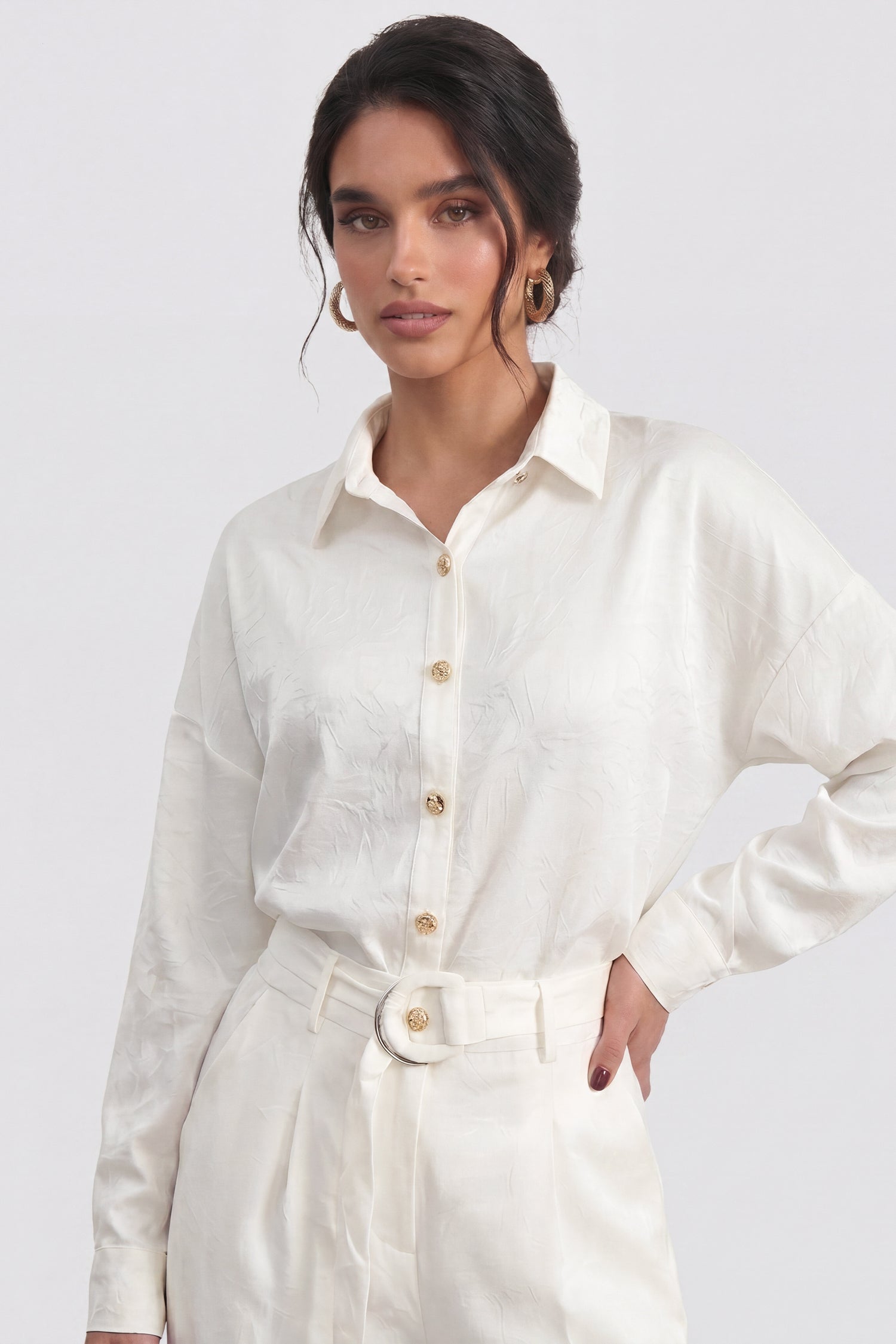 Pearl White Textured Oversized Button Down Top - Hustle N Holla