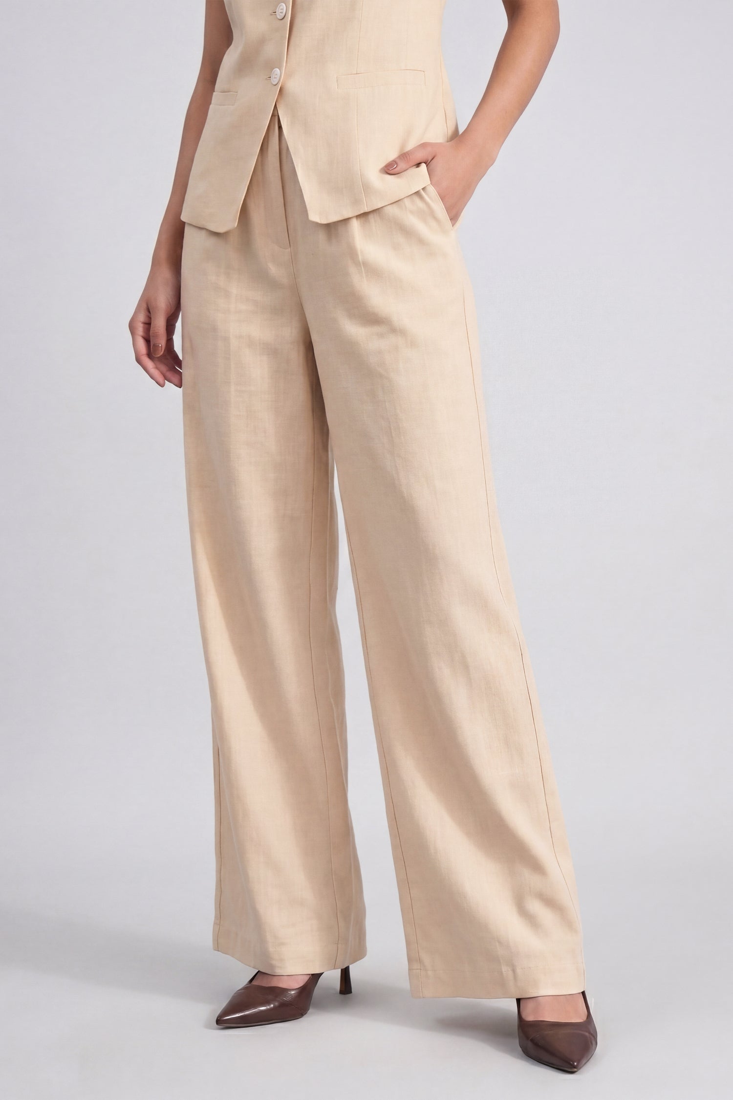 Muted Peach Elasticated Waist Wide Leg Linen Trousers - Hustle N Holla