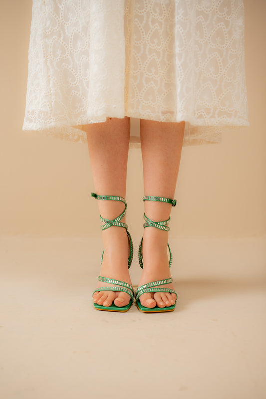 Green Embellished Strappy Heels
