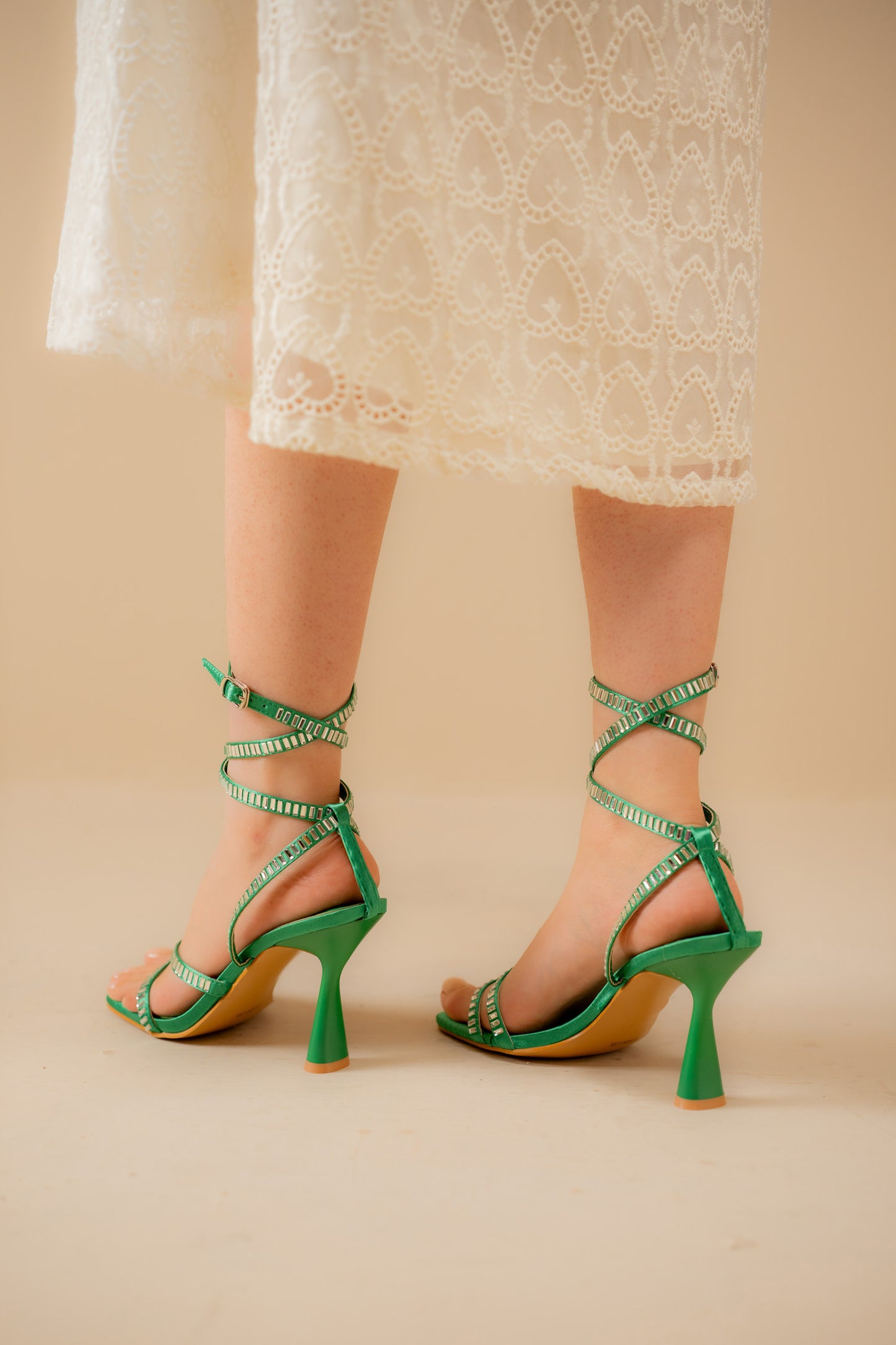 Green Embellished Strappy Heels