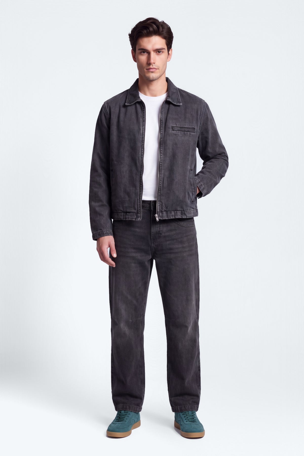 Grey Mid Washed Relaxed Fit Denim Jacket - Front - Hustle N Holla