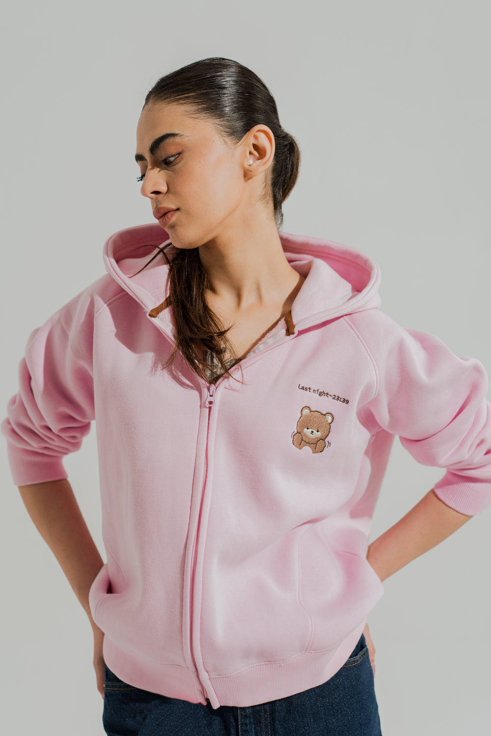 Pink Relaxed Fit Embroidered Zipper Hoodie - Hustle N Holla