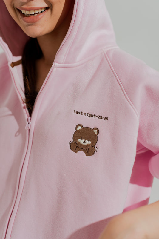 Pink Relaxed Fit Embroidered Zipper Hoodie - Hustle N Holla