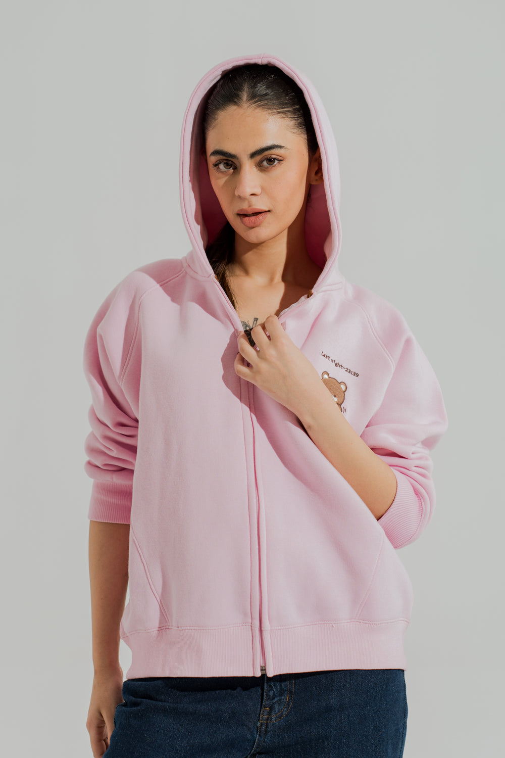 Pink Relaxed Fit Embroidered Zipper Hoodie - Hustle N Holla