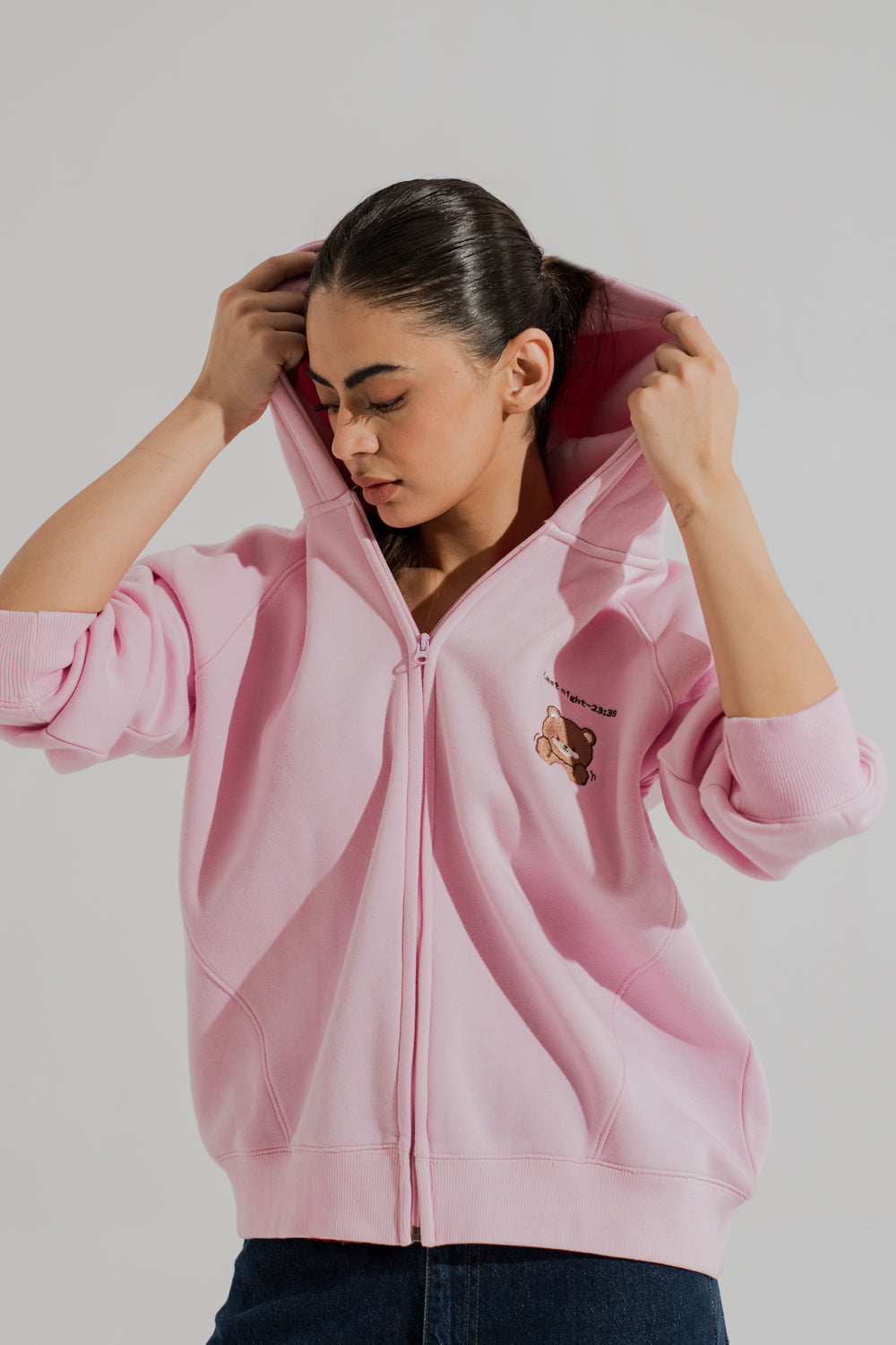 Pink Relaxed Fit Embroidered Zipper Hoodie - Hustle N Holla