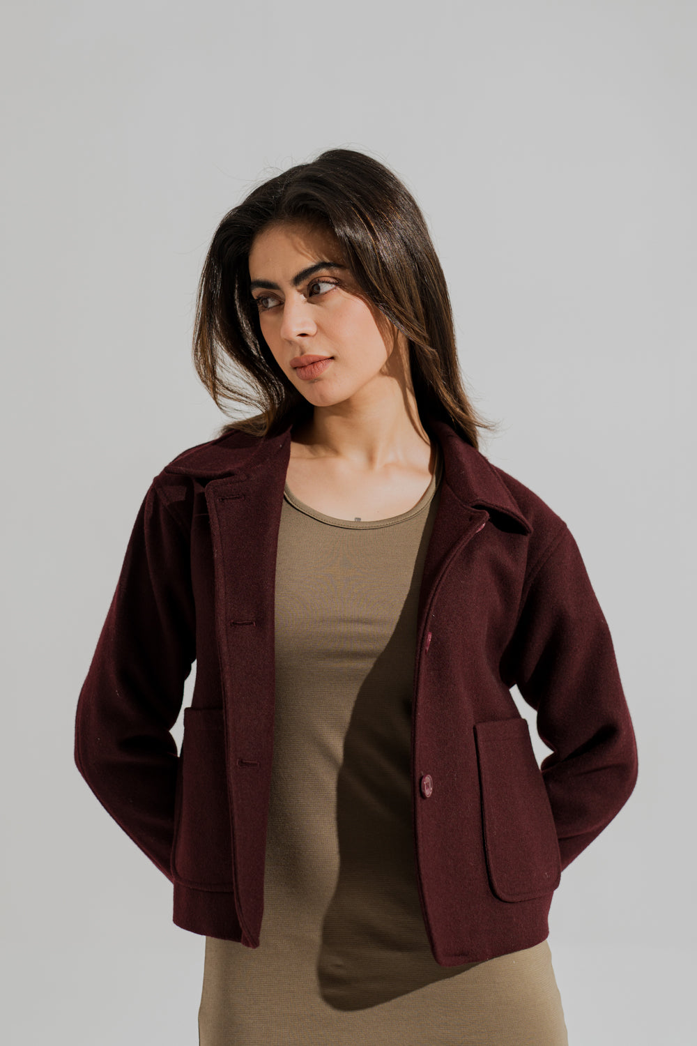Maroon Relaxed Fit Cropped Coat - Hustle N Holla