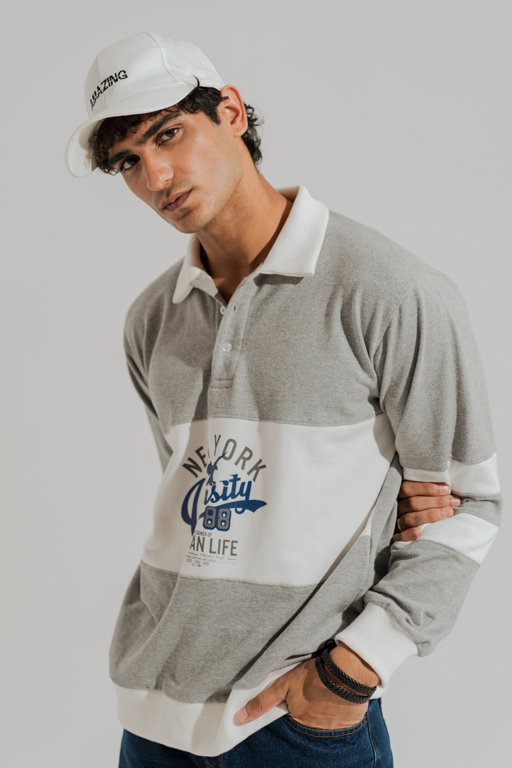 Grey Panelled Oversized Graphic Rugby Polo - Hustle N Holla
