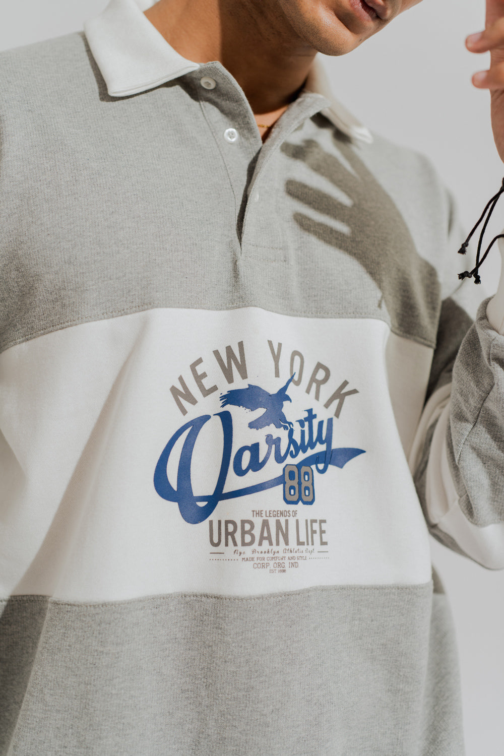 Grey Panelled Oversized Graphic Rugby Polo - Hustle N Holla