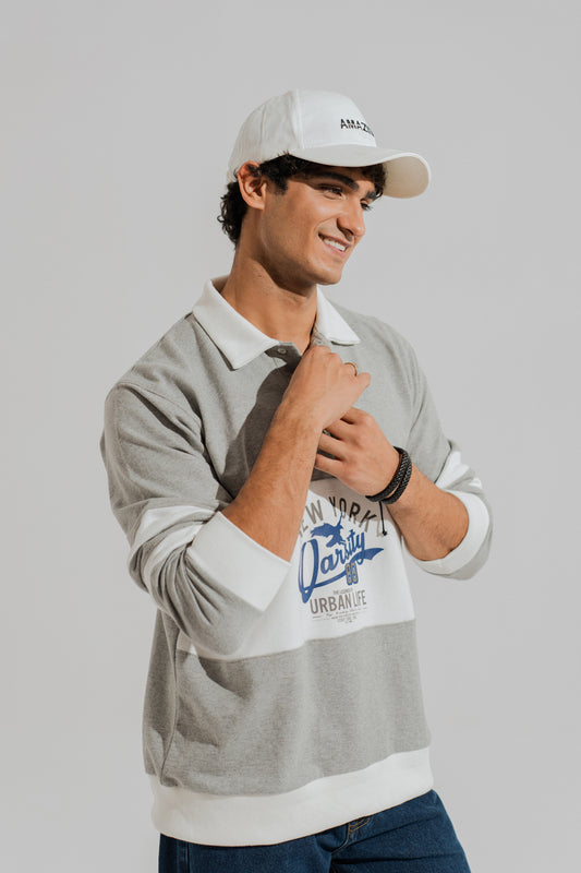 Grey Panelled Oversized Graphic Rugby Polo - Hustle N Holla