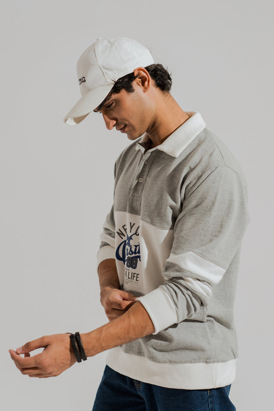 Grey Panelled Oversized Graphic Rugby Polo - Hustle N Holla