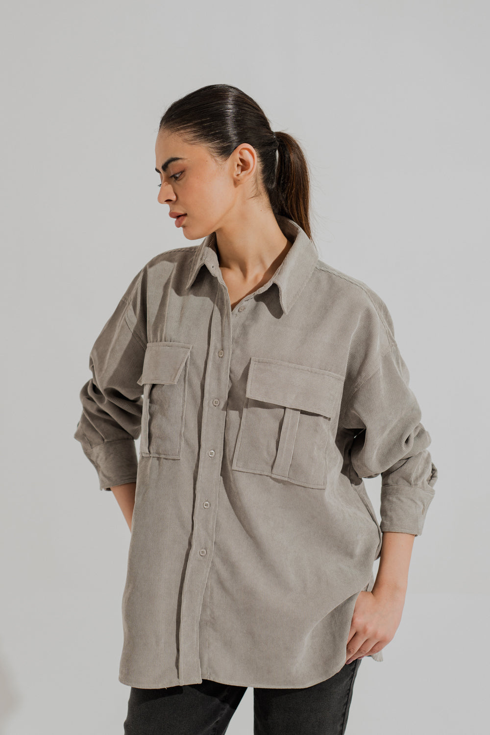 Grey Corduroy Relaxed Fit Button Down Shirt