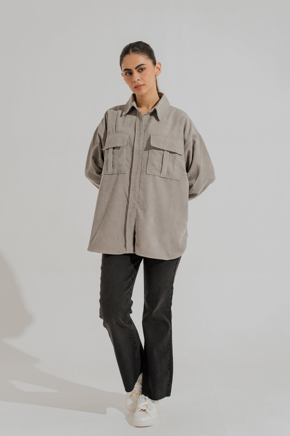 Grey Corduroy Relaxed Fit Button Down Shirt