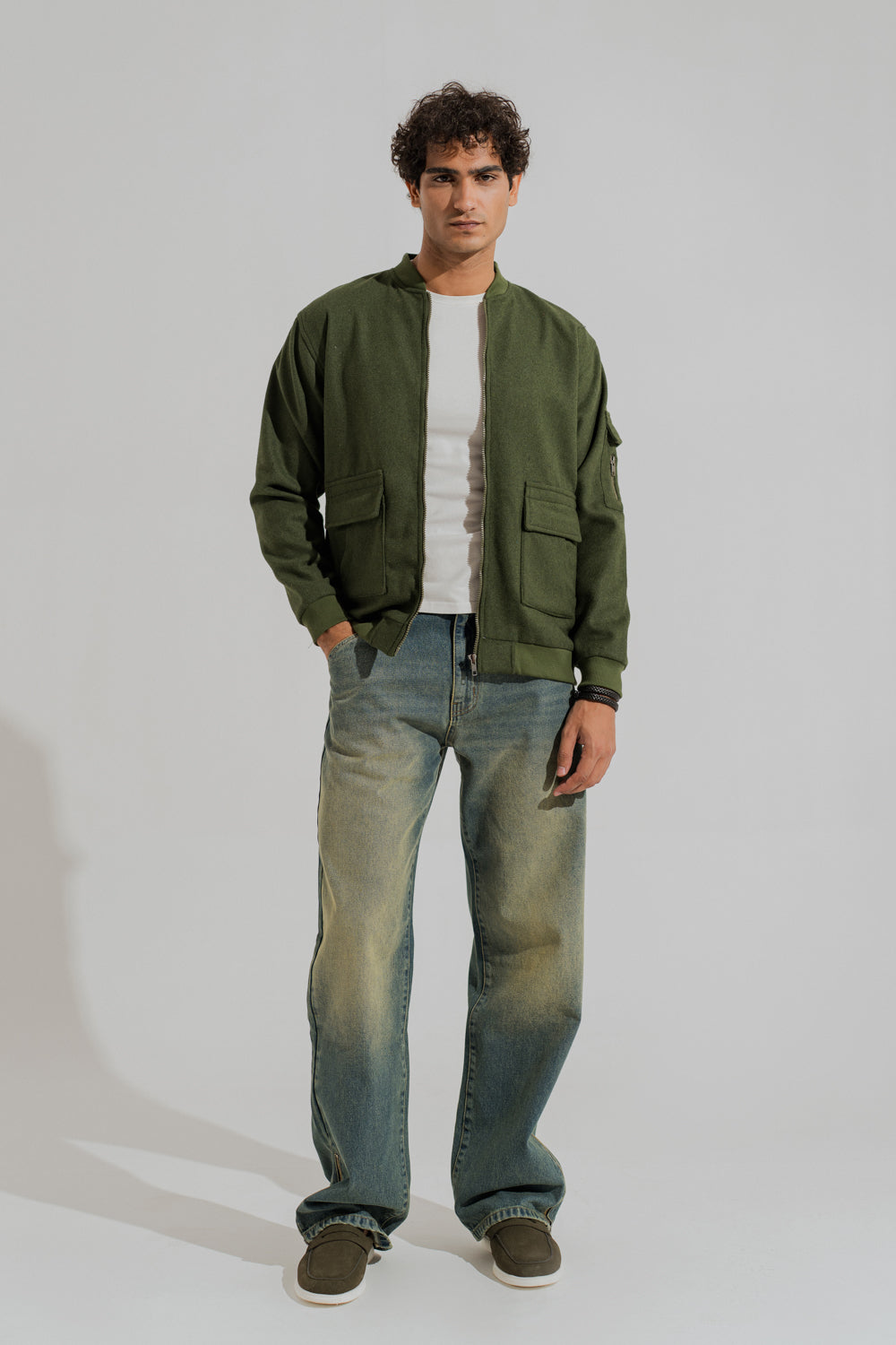 Green Wool Relaxed Fit Utility Bomber Jacket - Hustle N Holla