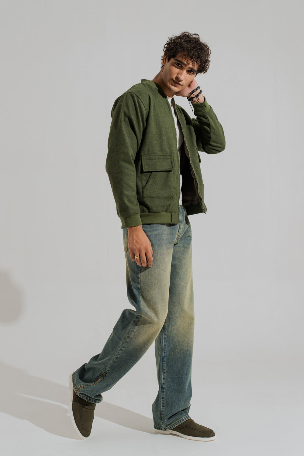Green Wool Relaxed Fit Utility Bomber Jacket - Hustle N Holla