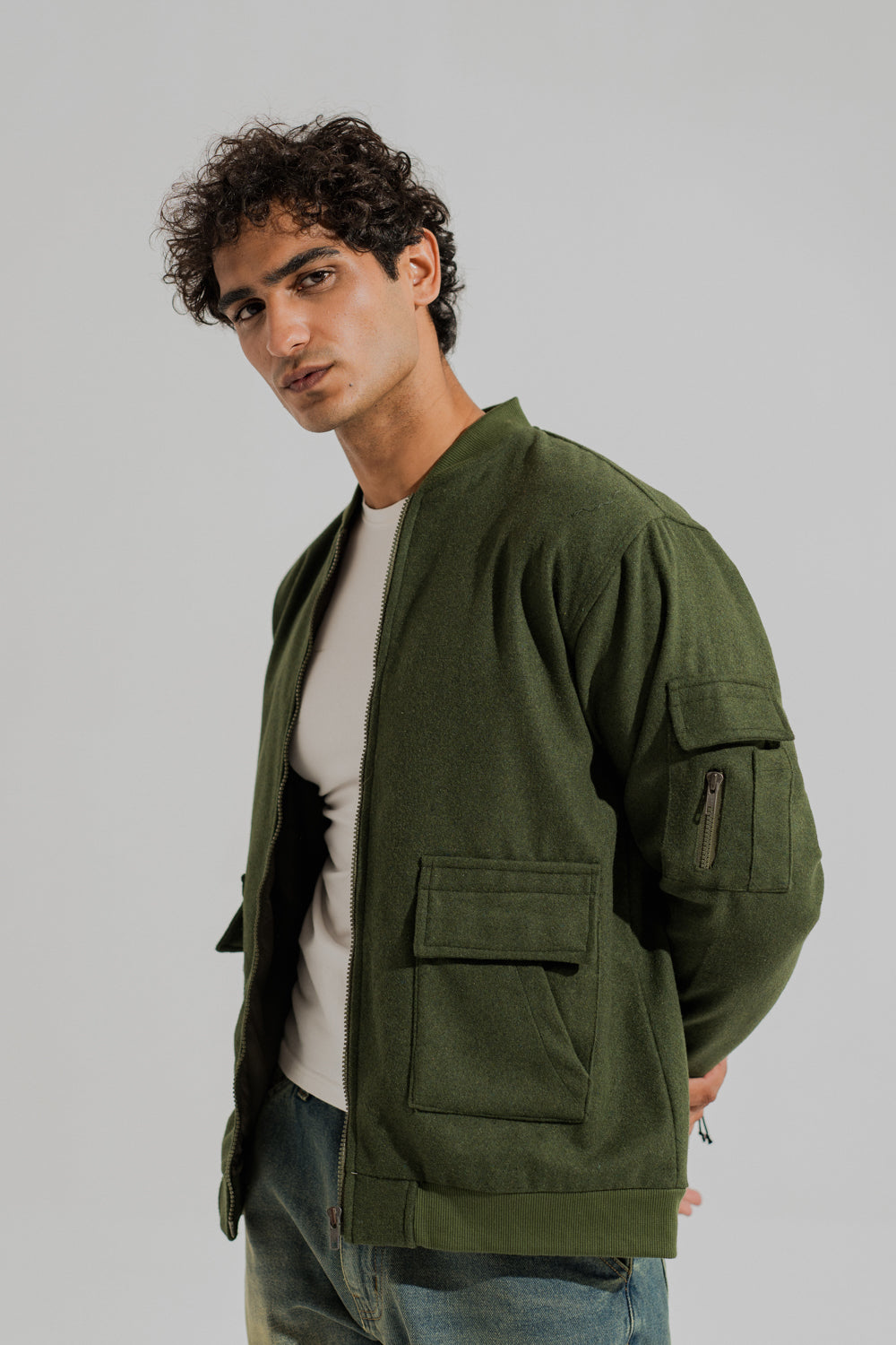 Green Wool Relaxed Fit Utility Bomber Jacket - Hustle N Holla