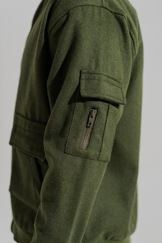 Green Wool Relaxed Fit Utility Bomber Jacket - Hustle N Holla