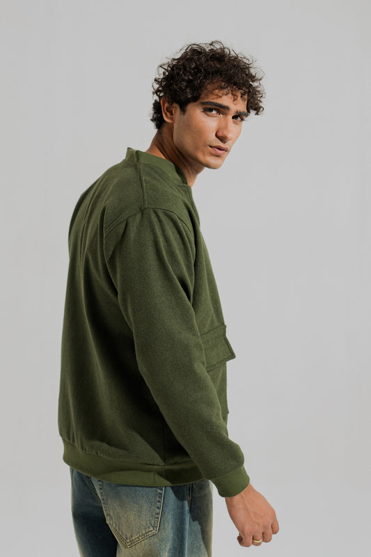 Green Wool Relaxed Fit Utility Bomber Jacket - Hustle N Holla