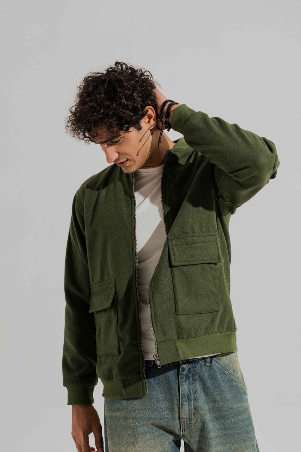 Green Wool Relaxed Fit Utility Bomber Jacket - Hustle N Holla
