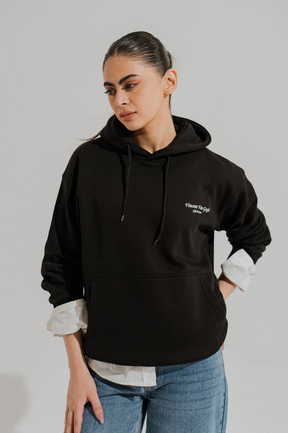 Black Oversized Graphic Pullover Hoodie