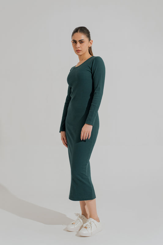 Emerald Green Basic Long Sleeves Midi Dress - Hustle N Holla