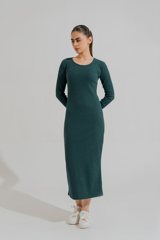 Emerald Green Basic Long Sleeves Midi Dress - Hustle N Holla
