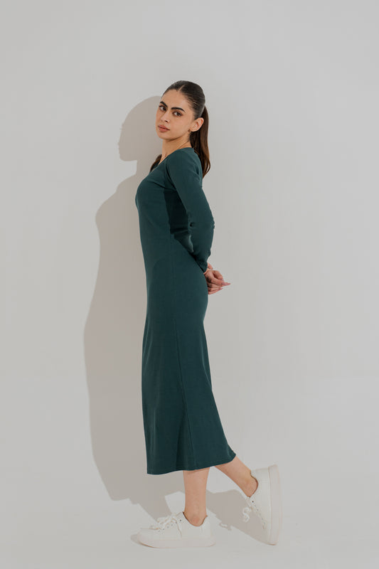Emerald Green Basic Long Sleeves Midi Dress - Hustle N Holla