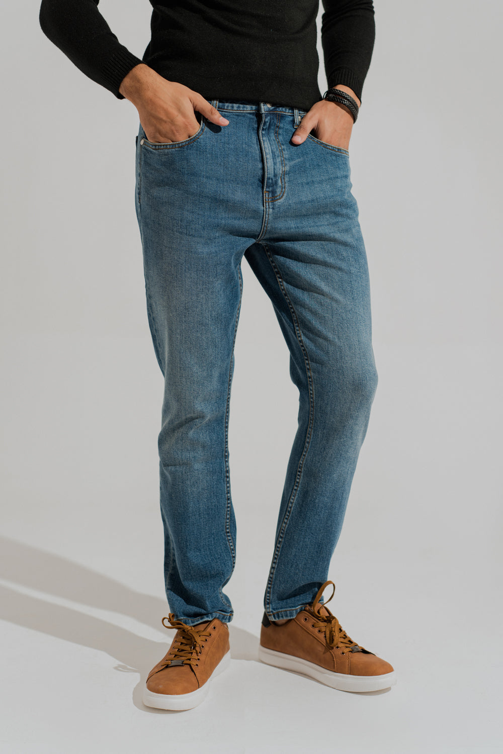 Blue Mid Washed Straight Fit Denim Jeans