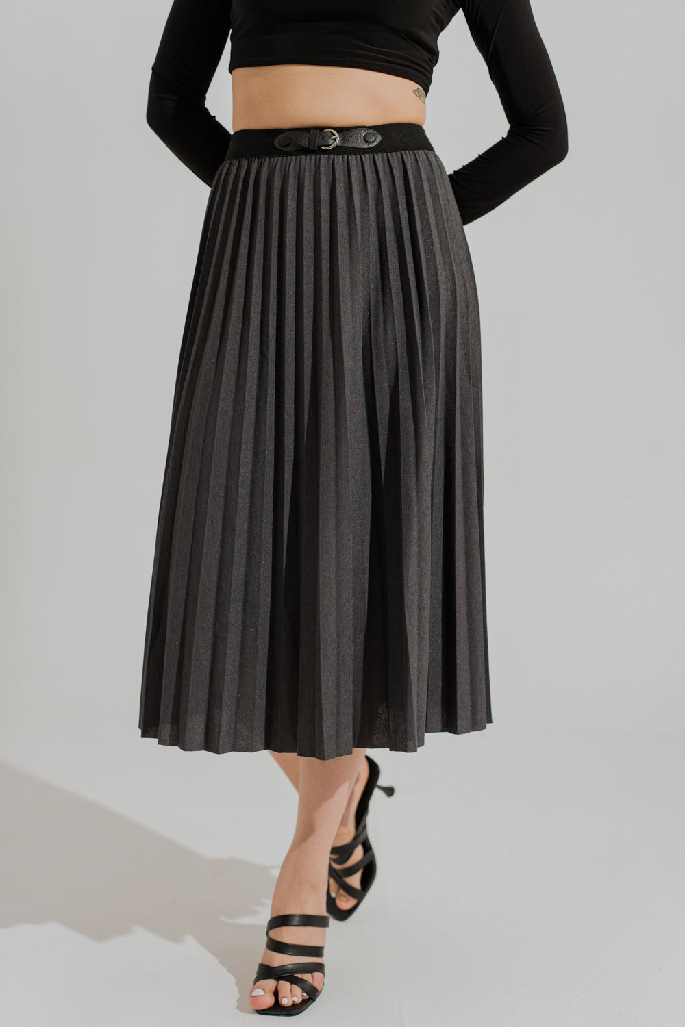 Charcoal Grey Pleated Midi Skirt